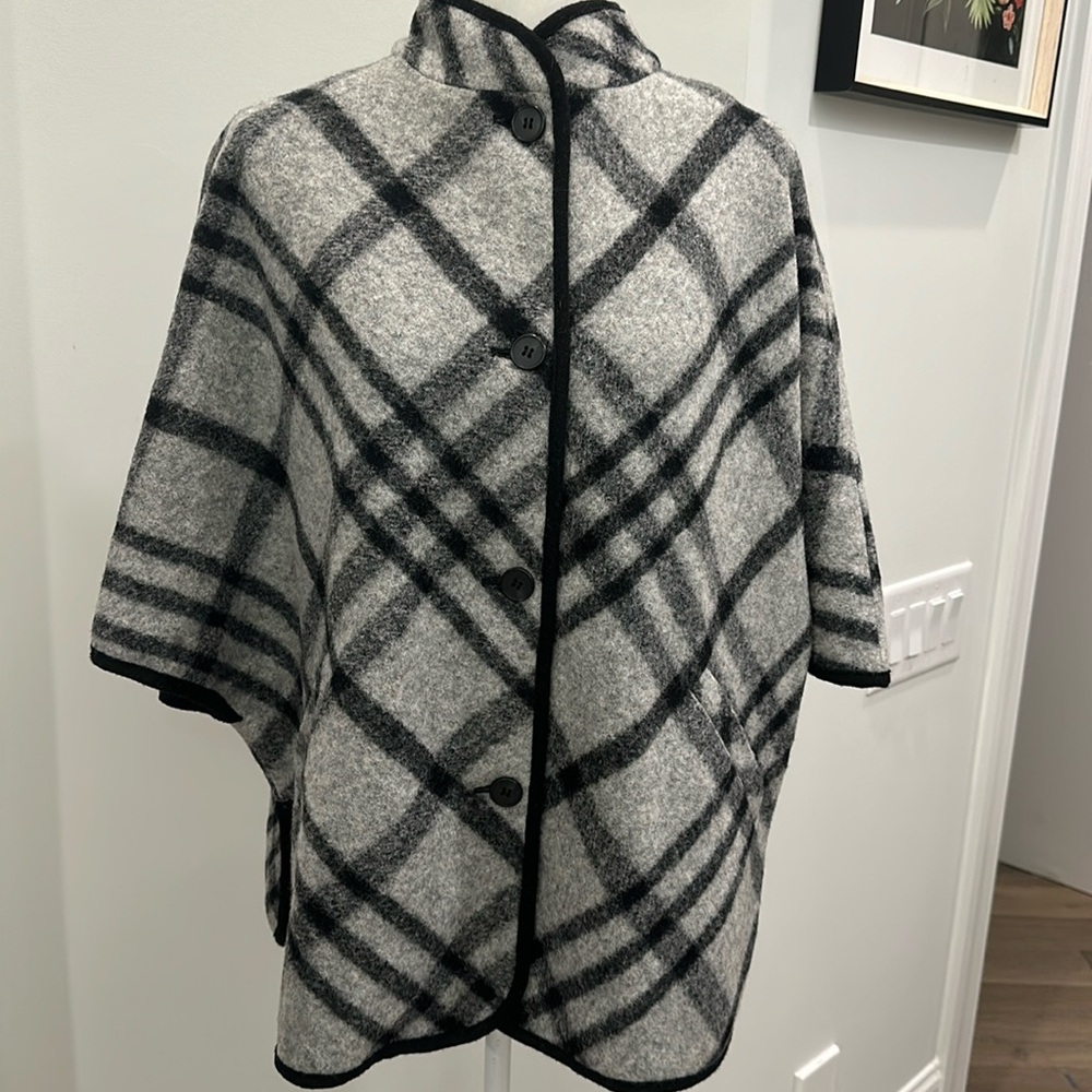 NWOT- Talbots plaid black and gray high neck poncho sweater. Size MP